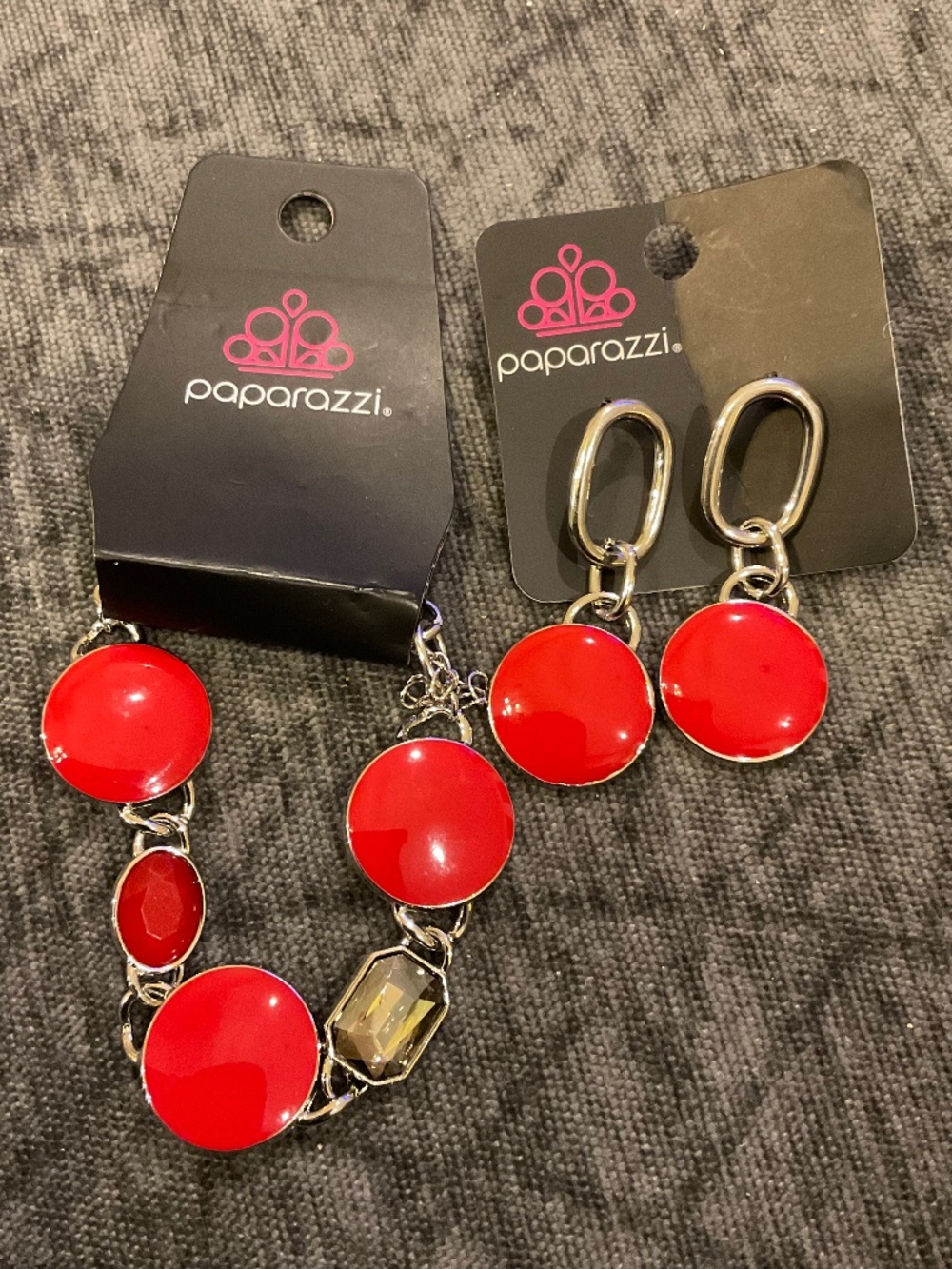 Paparazzi Red Silver Statement Bracelet & Drop Earrings Jewelry Set NWT